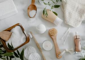 bath essentials on white surface